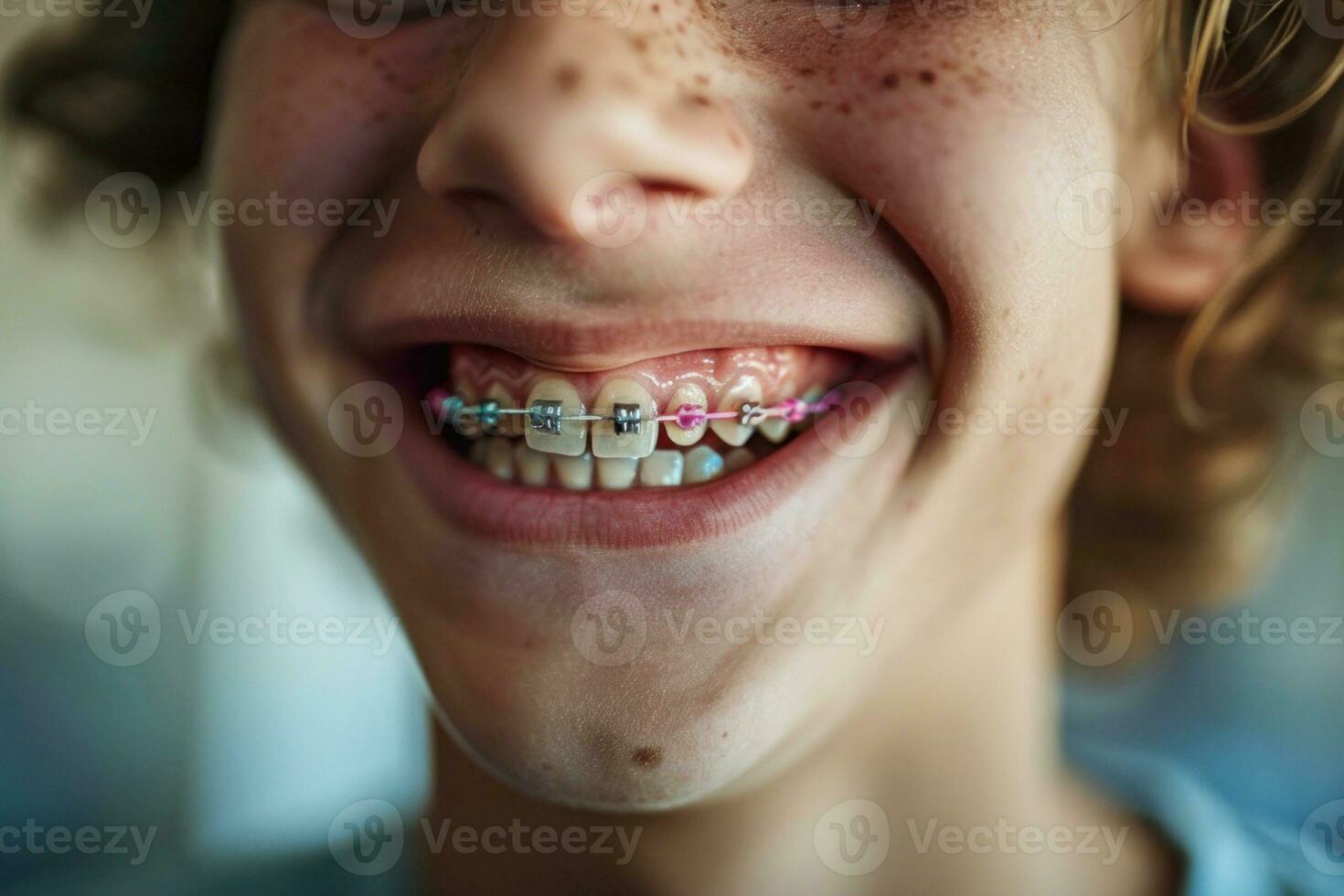 AI generated Teen-aged man with braces smiling mouth close up The concept of modern dentistry. Generative AI photo
