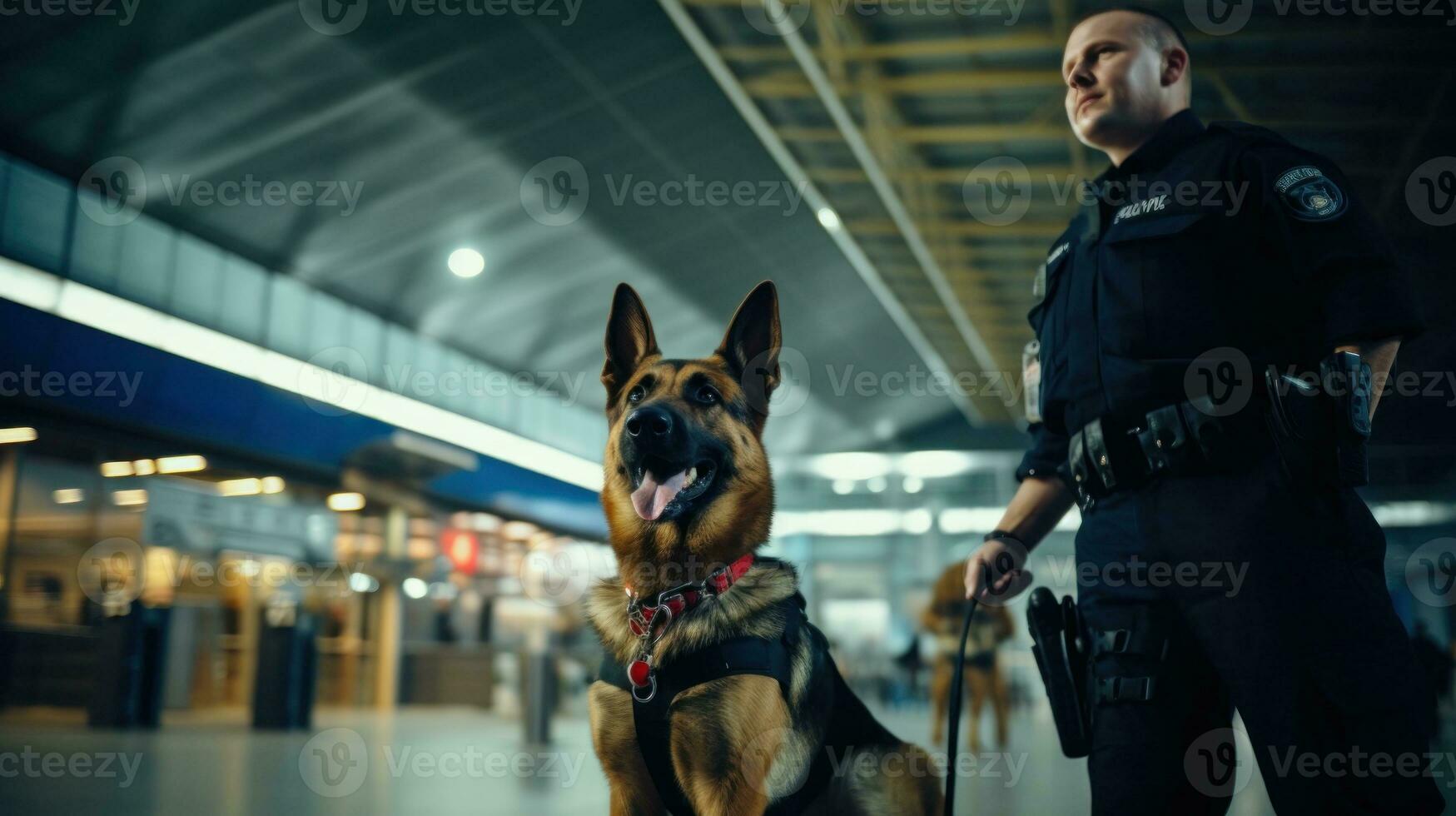 AI generated Security officer with police dog at airport. Generative AI photo