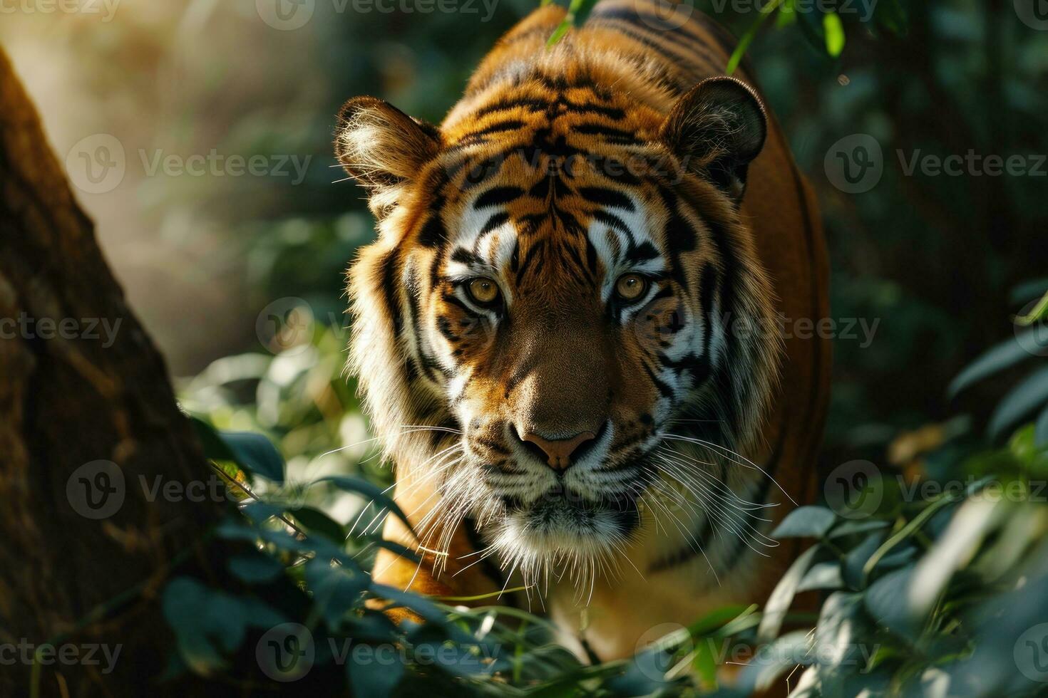 AI generated A tiger is lurking behind the leaves. Generative AI photo