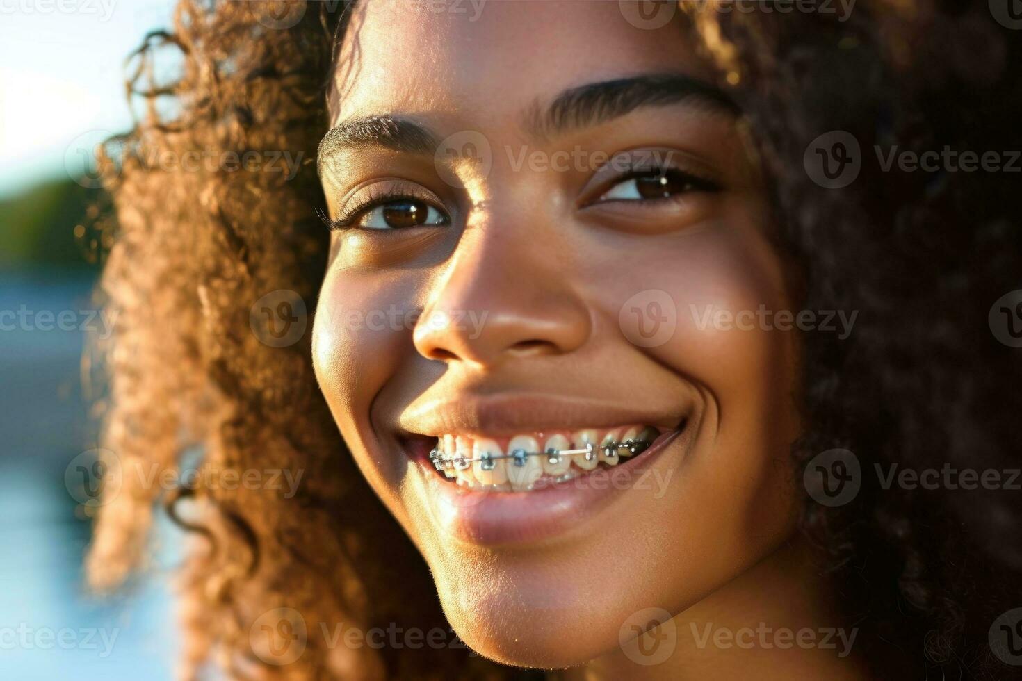 AI generated African American person with braces smiling. The concept of modern dentistry. Generative AI photo