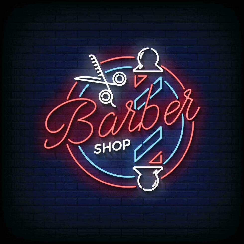 Neon Sign barber shop with brick wall background vector