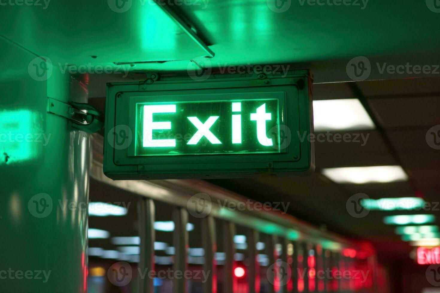 AI generated Exit sign glowing in green. Generative AI photo