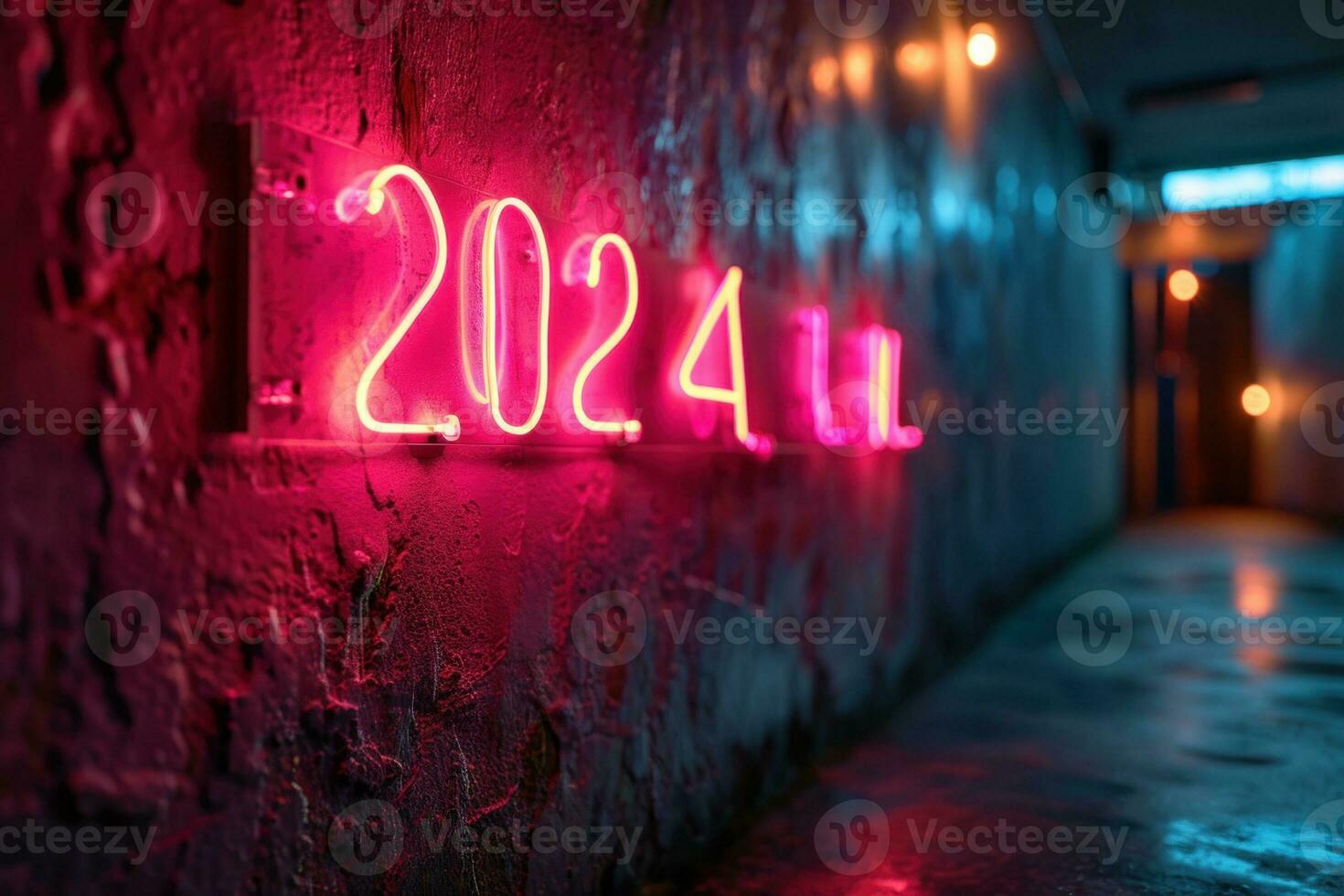 AI generated Pink neon light with number 2024 on dark. Generative AI photo