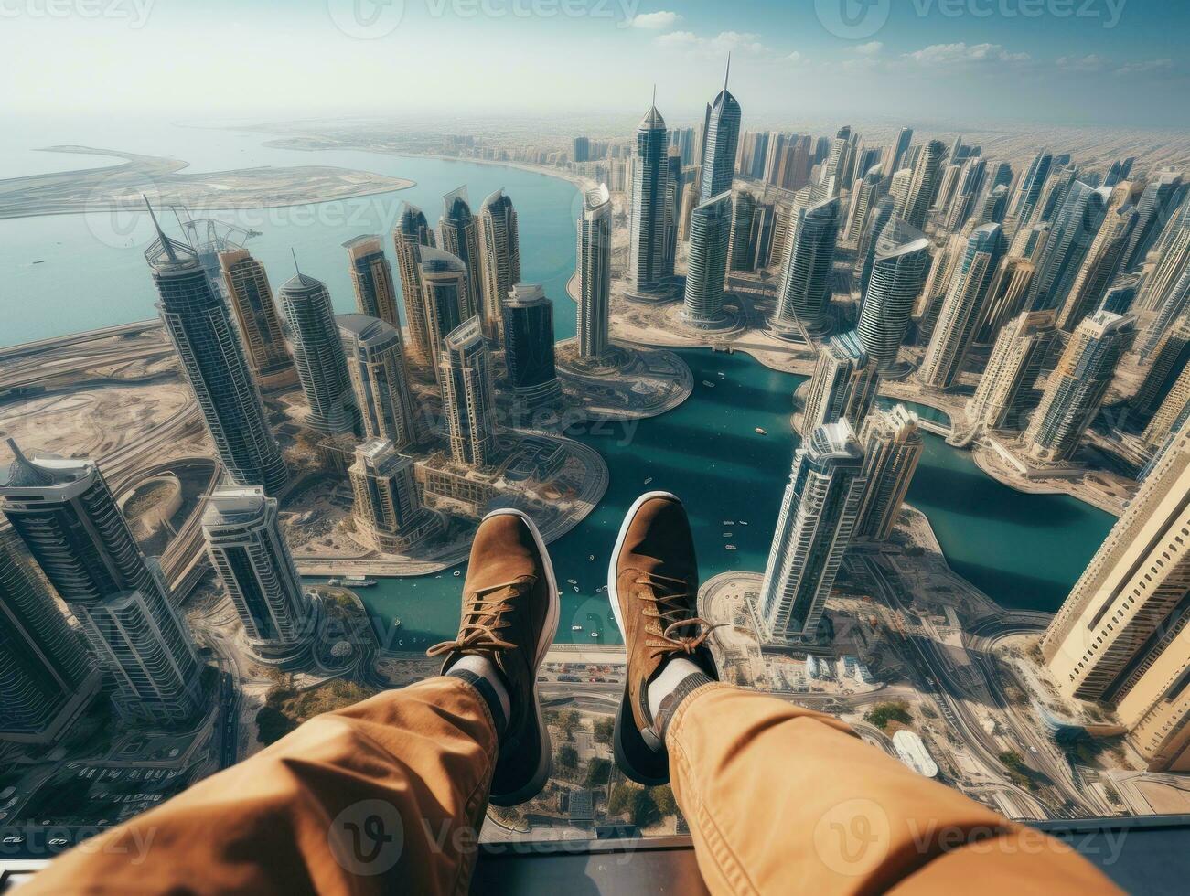 AI generated A person's feet laying on the skyscraper. Generative AI photo