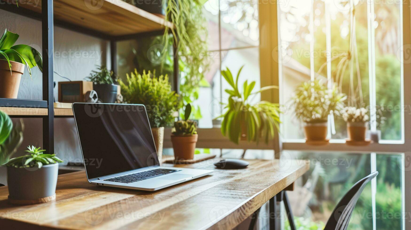 AI generated Interior of home office with wooden office desk with laptop near big window. Generative AI photo