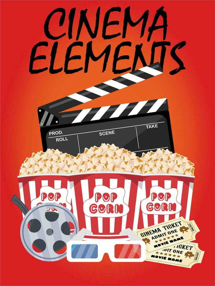 Illustration of Cinema elements, clapperboard, popcorn, film roll, 3D glasses, dan cinema ticket vector