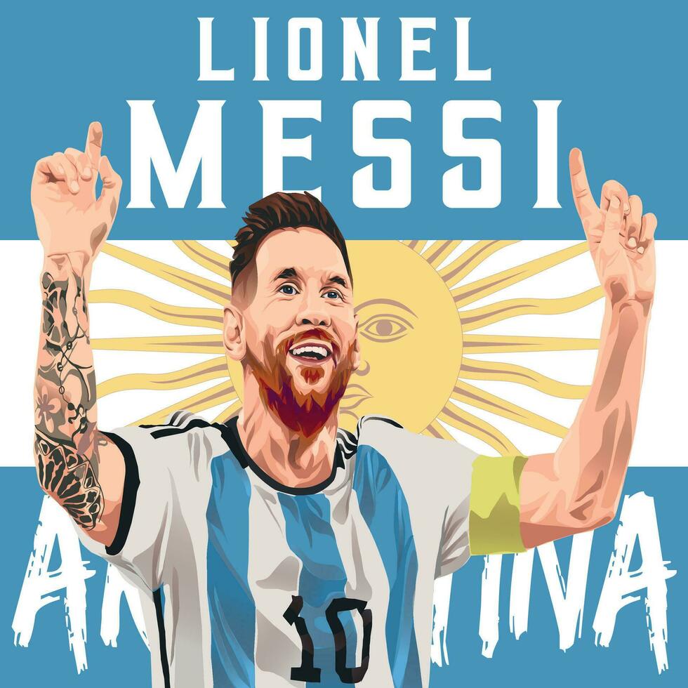 ilustración de leonel messi sonriente en azul blanco fútbol americano jersey mientras levantamiento ambos manos vector