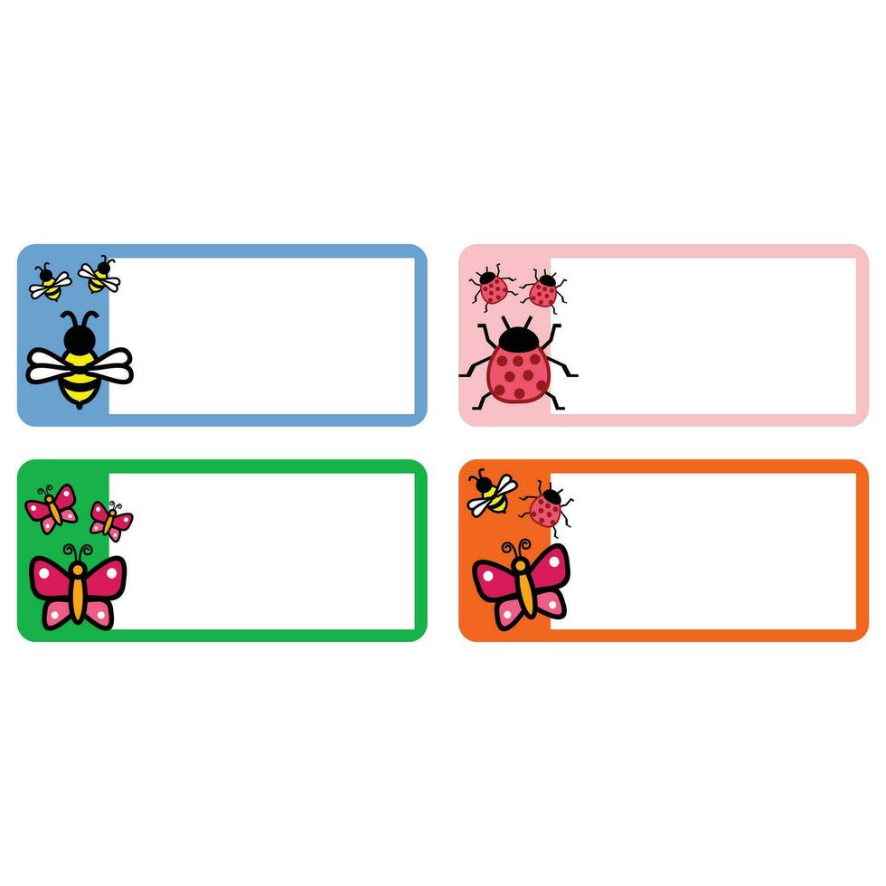 Four frames for your text and a funny frog. Vector illustration. sticker labels to identify a book or our belongings. Cute sticker design for children that can be printed