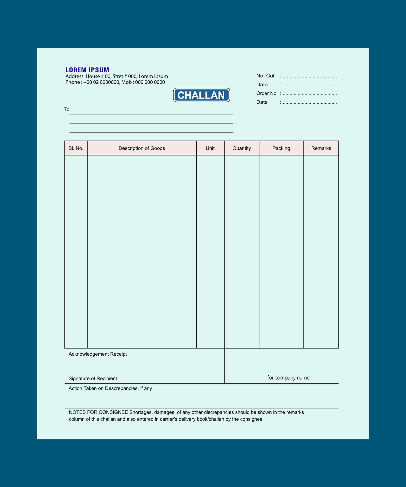 Bill challan template design challan delivery challan challan form