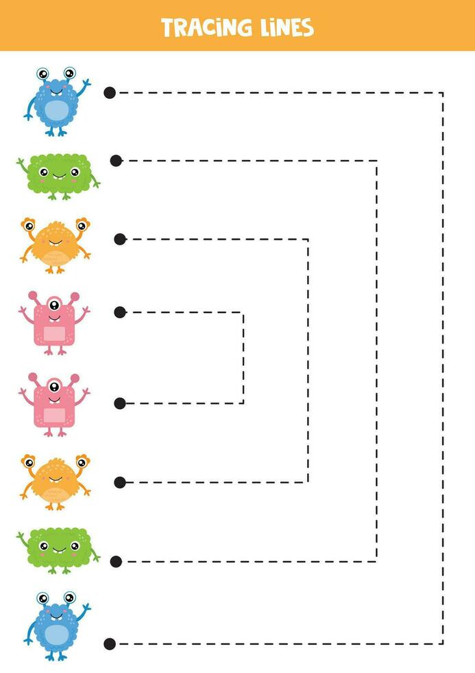 Tracing lines for kids. Cartoon colorful monsters. Handwriting practice. vector