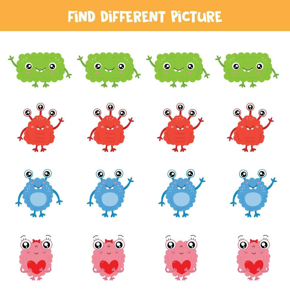 Find different cartoon monster in each row. Logical game for preschool kids. vector