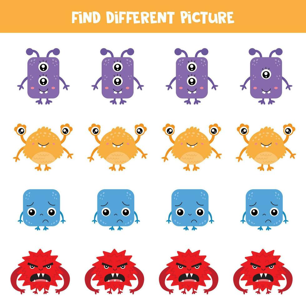 encontrar diferente dibujos animados monstruo en cada fila. lógico juego para preescolar niños. vector