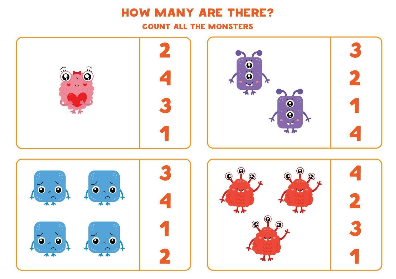 Count all cute and colorful monsters and circle the correct answers. vector