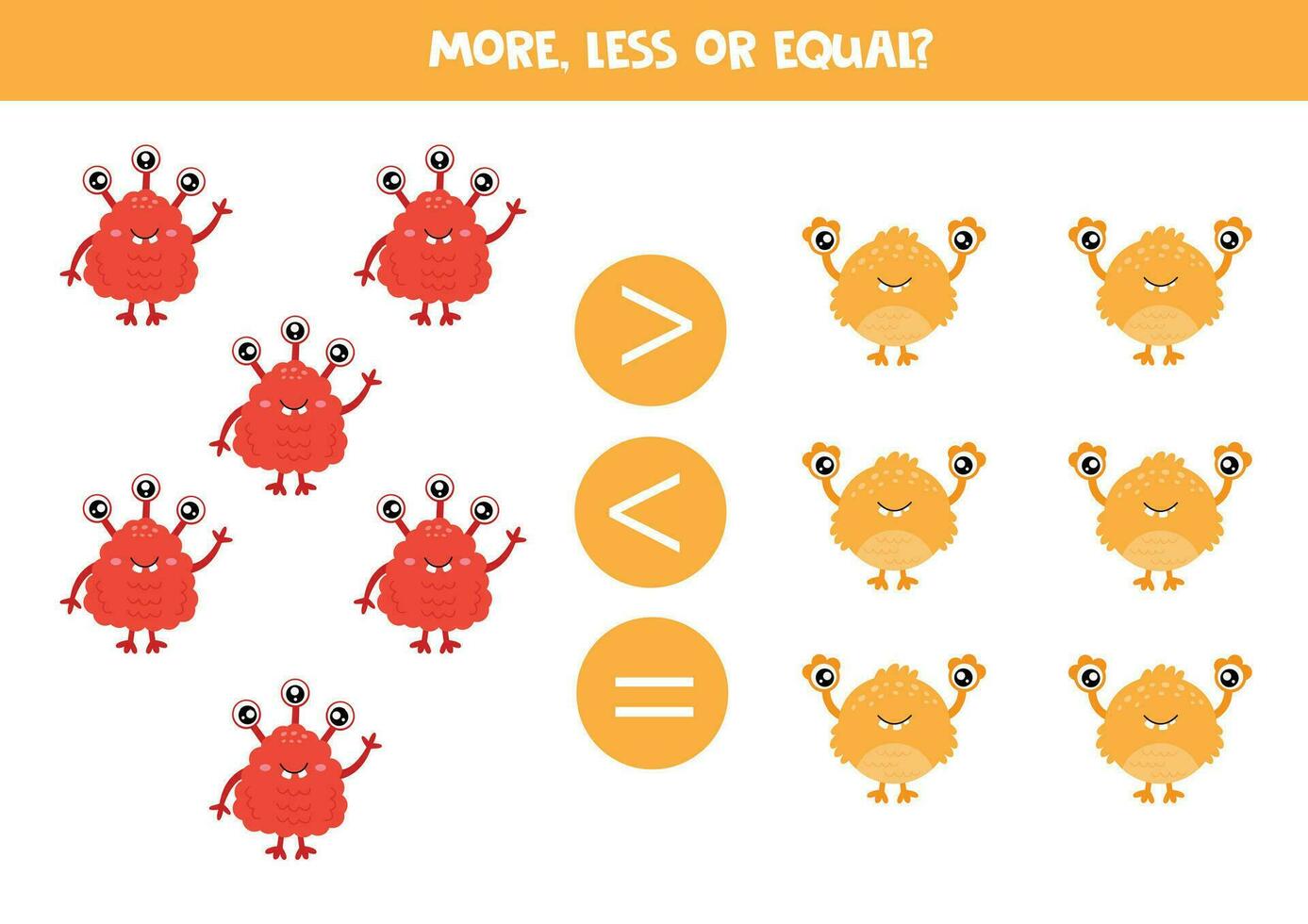 Grater, less or equal with cartoon cute monsters. vector