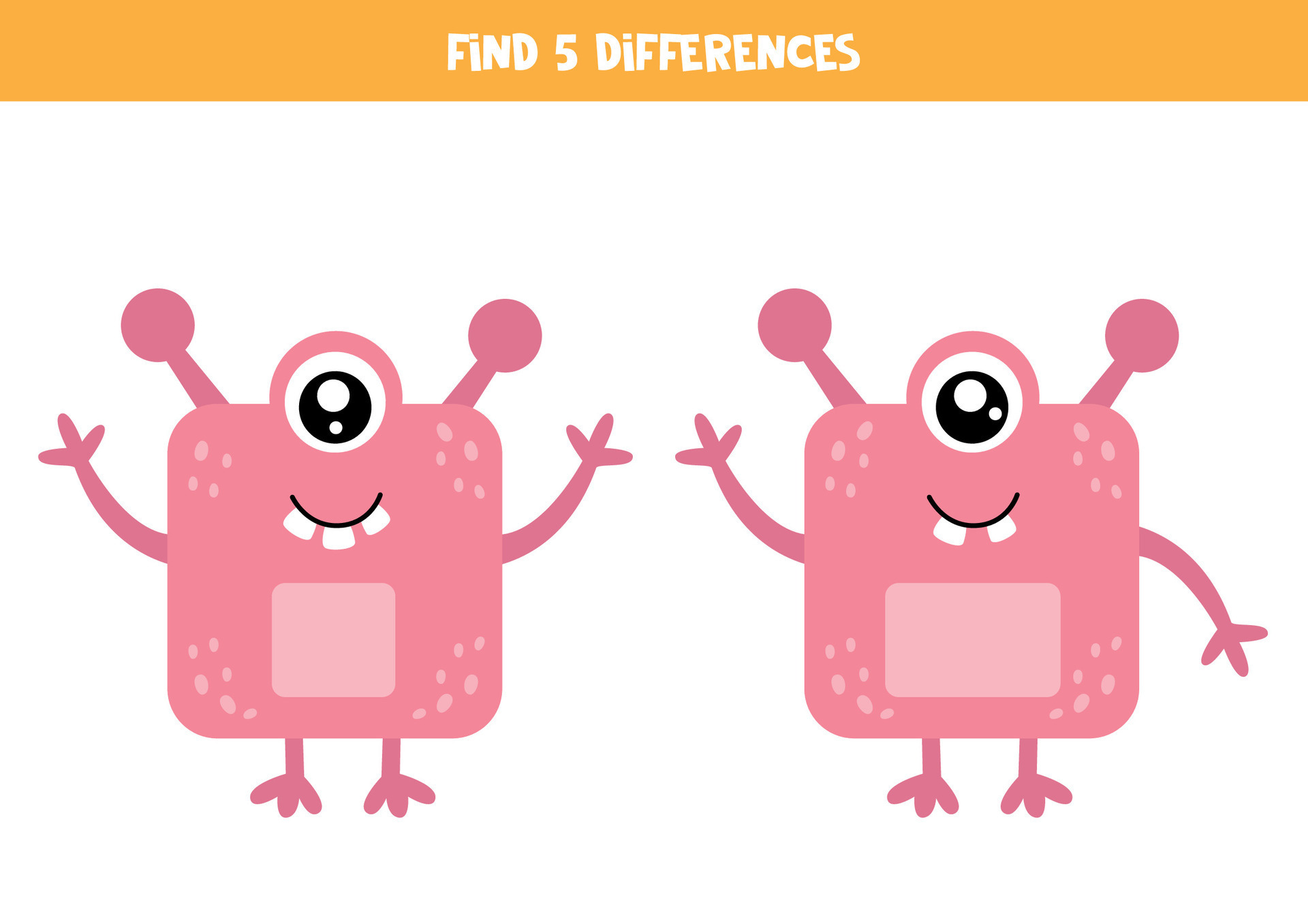 Find 5 differences between two cute cartoon pink monsters. 36361305