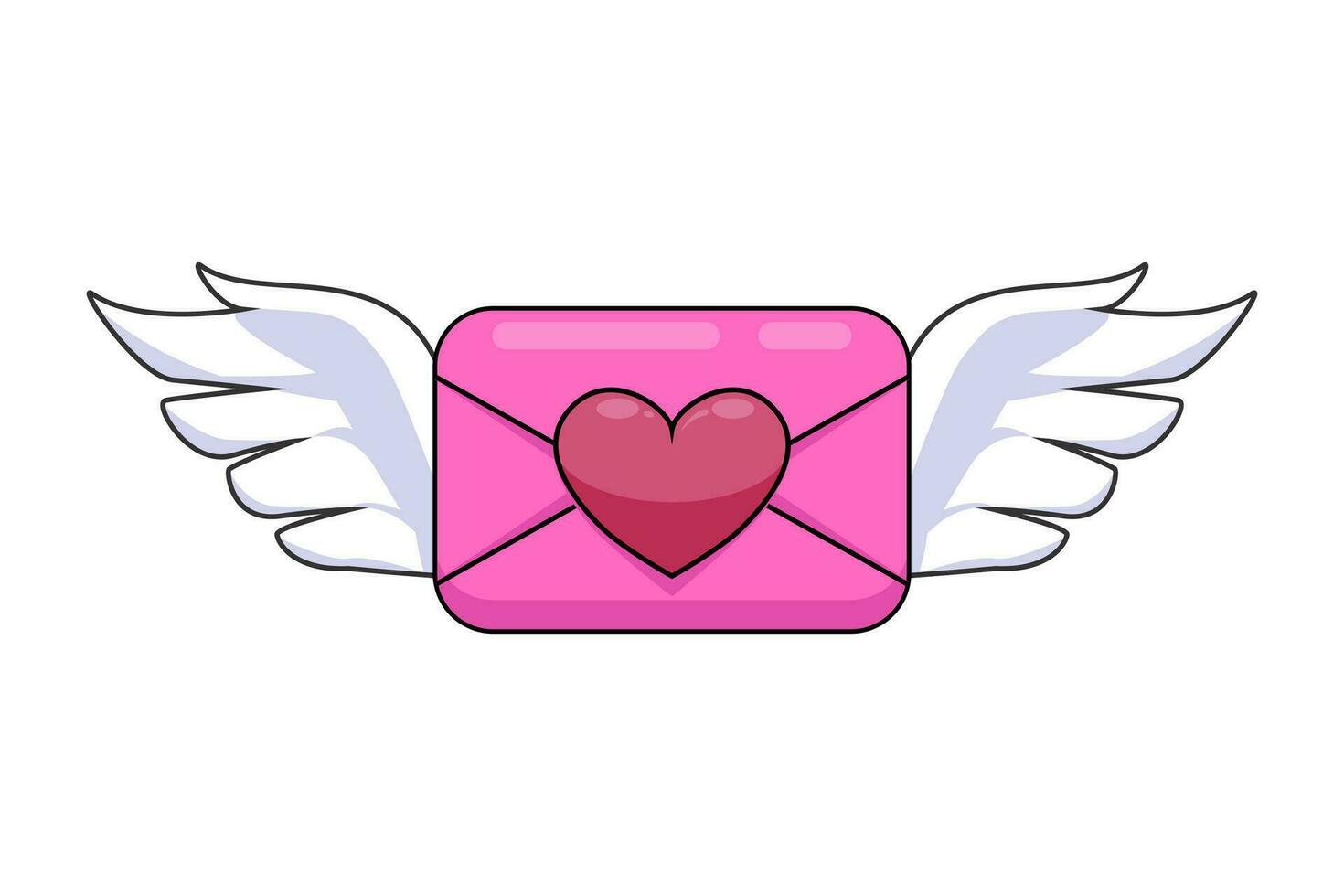 Flying pink letter with angel wings and red heart for stamp isolated on white background, pink envelope. vector illustration