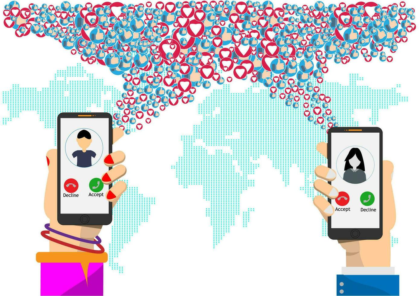 Social medial network.Hand use mobile phone sent marketing thumbs up and heart icon.Calling service,contact,technology,love.Vector Social Network and flat design vector concept.