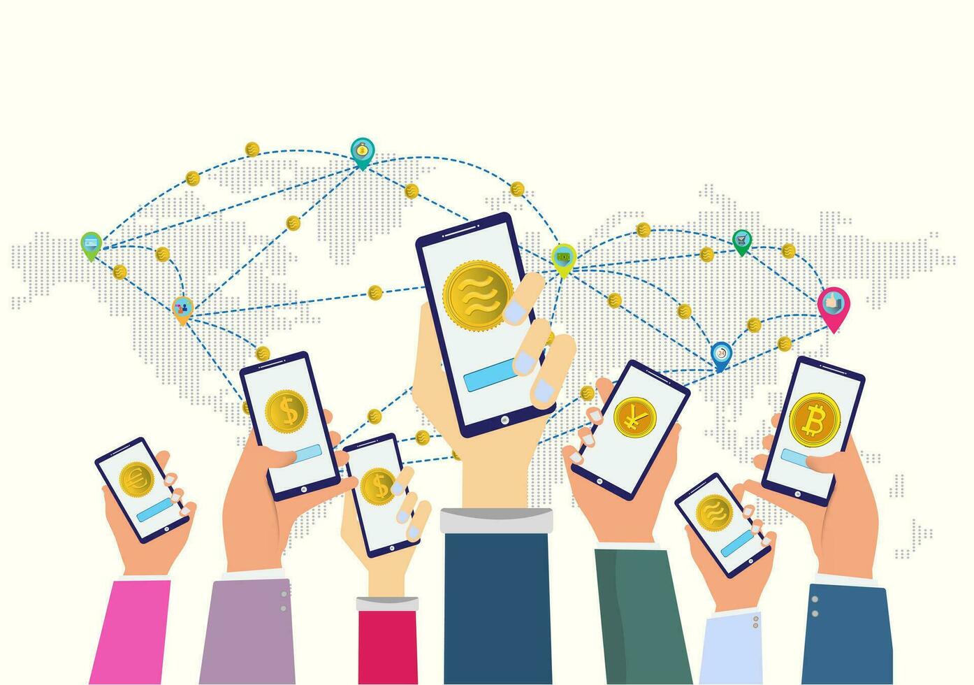 Business hands man use mobile phone.Hand use App Libra coin for web internet and exchange money. They are on map world and icon internet.Exchange,Vector Cryptocurrency and digital coin icon. vector