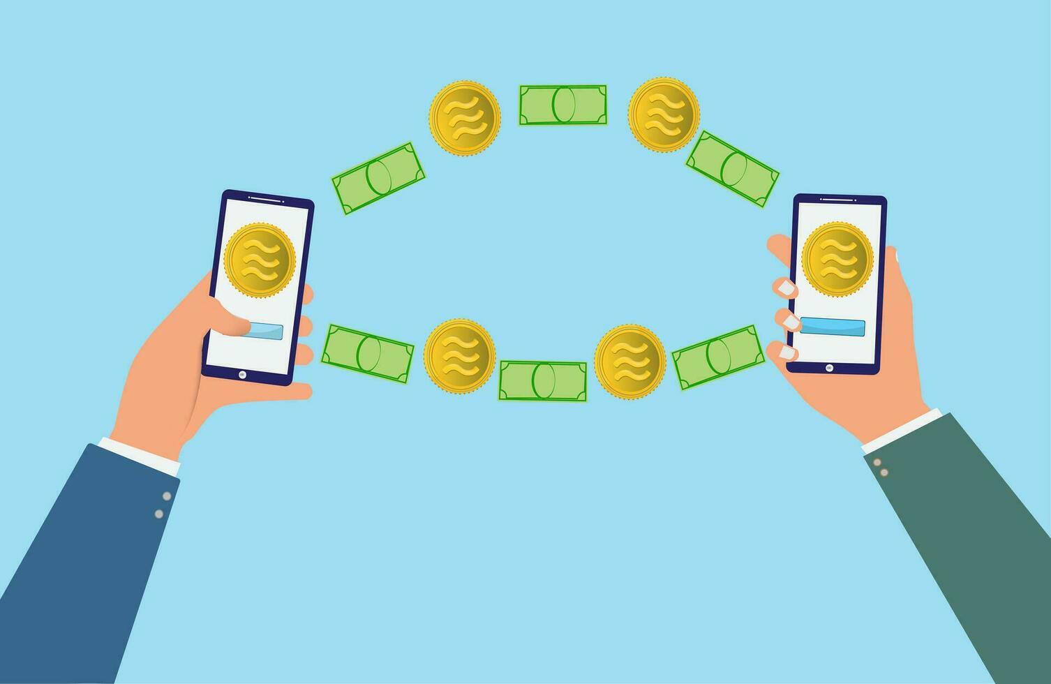 Business hands man use mobile phone.Hand use App Libra coin for web internet and exchange money. They are on map world and icon internet.Exchange,Vector Cryptocurrency and digital coin icon. vector