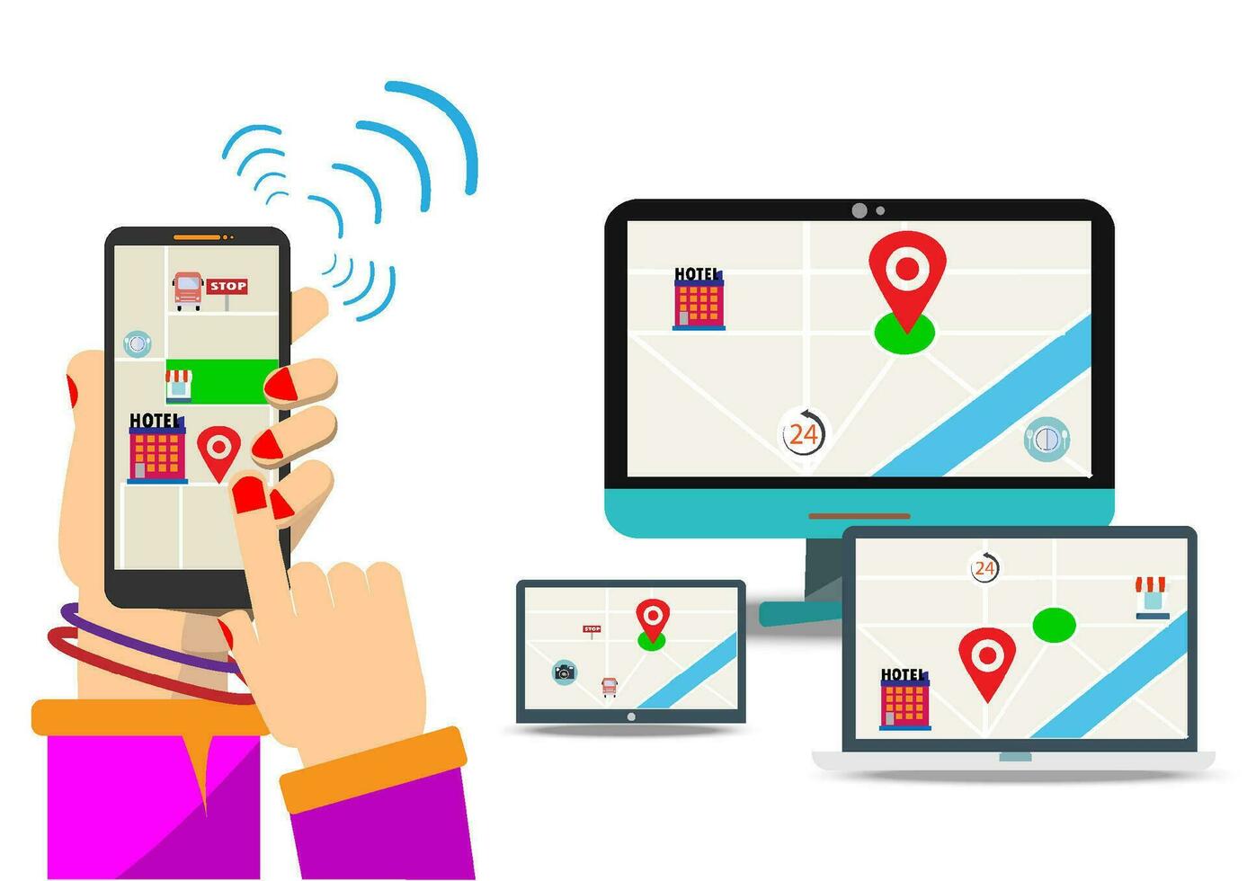 Hand holding smartphone.He is use mobile phone calling with icon.world map,Calling service,contact,technology,Vector communicate and flat design vector. vector