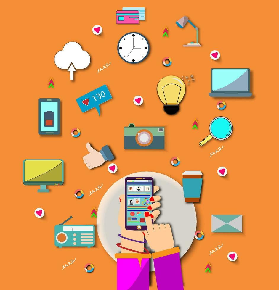 Hand holding smartphone.He is use mobile phone calling with icon.world map,Calling service,contact,technology,Vector communicate and flat design vector. vector