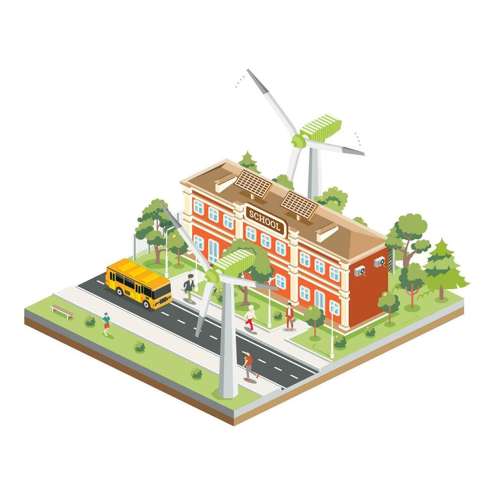 isométrica colegio edificio con solar paneles y viento turbina aislado en blanco antecedentes. arboles y la carretera. hombre va a el escuela. ecología concepto. amarillo autobús. vector