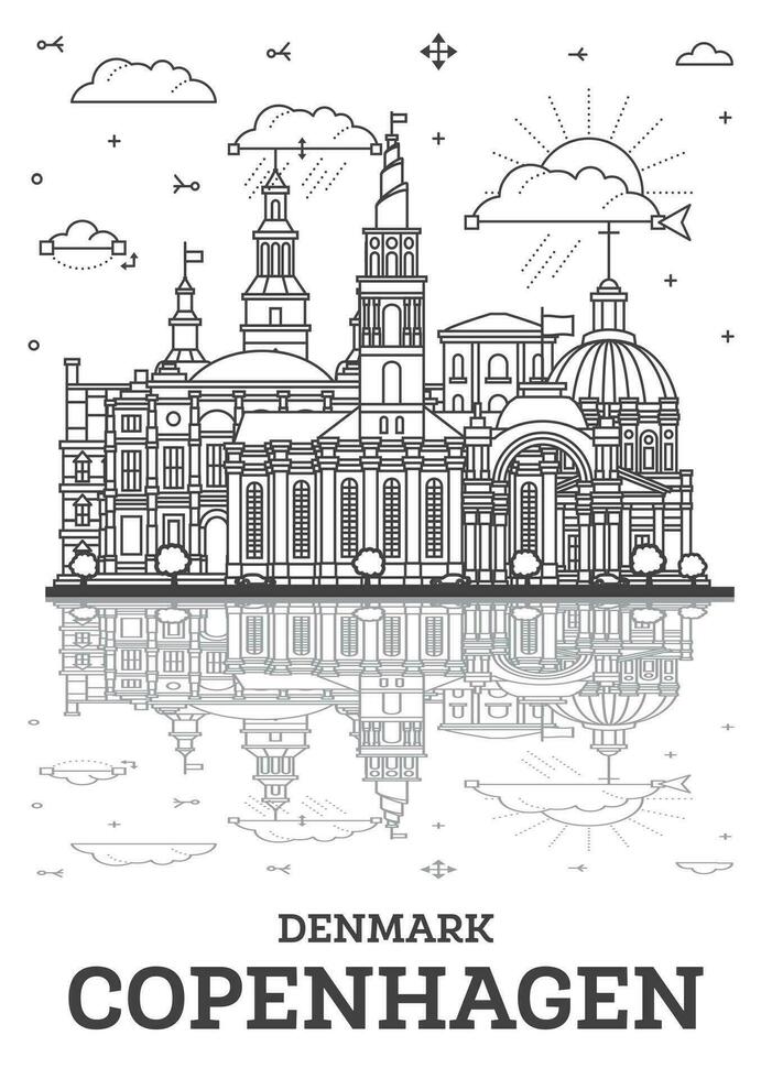 Outline Copenhagen Denmark City Skyline with Historic Buildings and reflections Isolated on White. Copenhagen Cityscape with Landmarks. vector