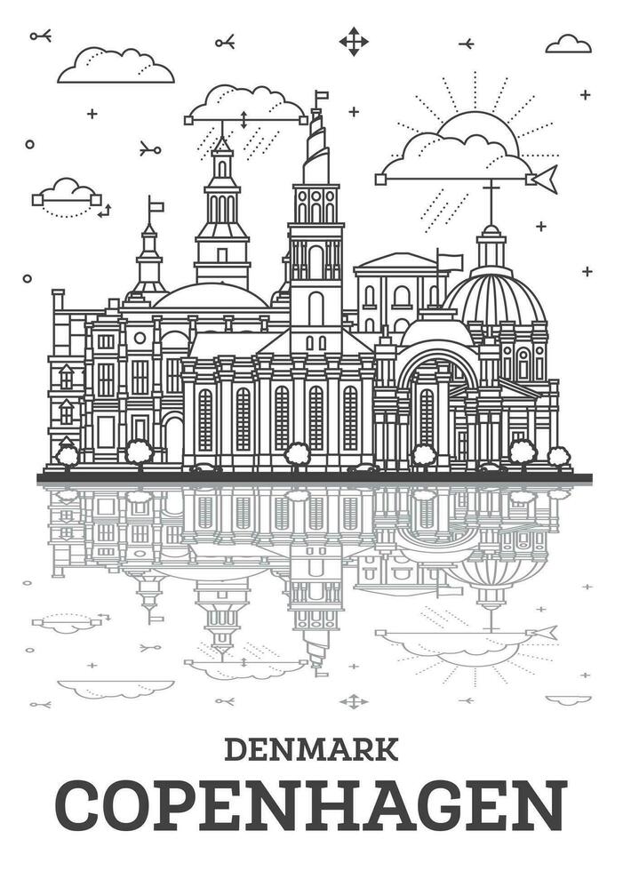 contorno Copenhague Dinamarca ciudad horizonte con histórico edificios y reflexiones aislado en blanco. Copenhague paisaje urbano con puntos de referencia vector