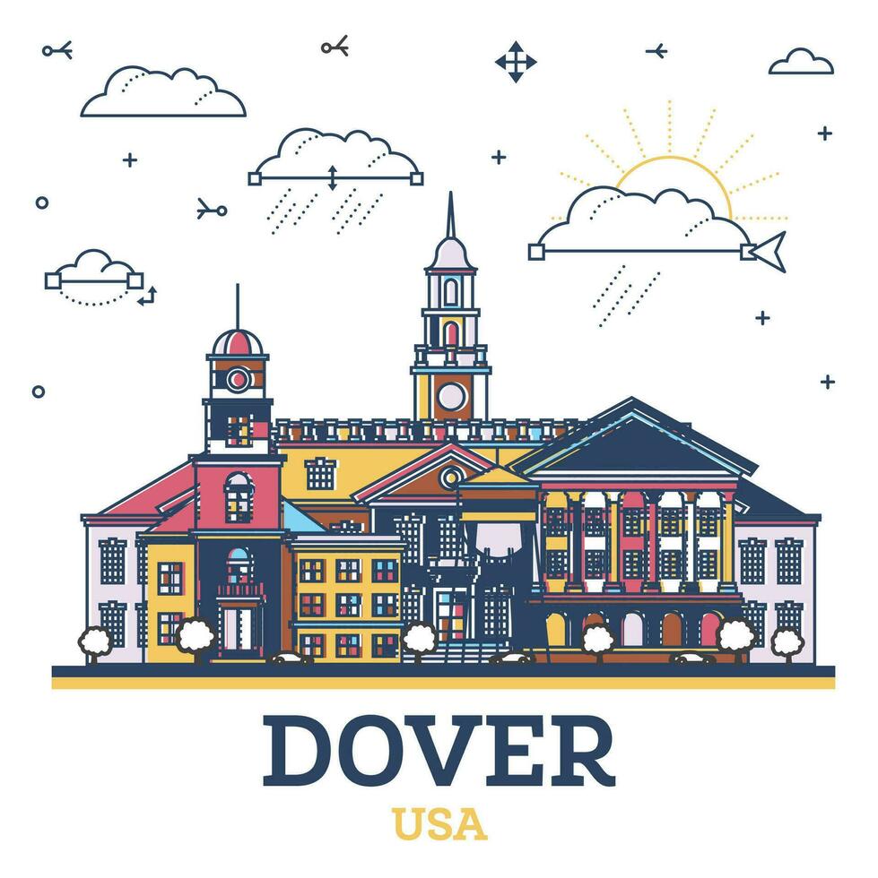 contorno Dover Delaware ciudad horizonte con de colores moderno y histórico edificios aislado en blanco. Dover Estados Unidos paisaje urbano con puntos de referencia vector