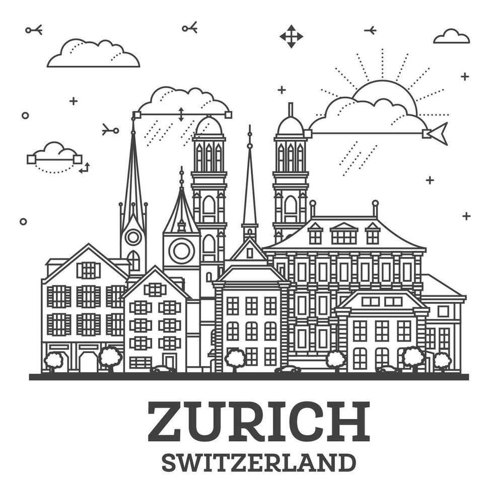Outline Zurich Switzerland City Skyline with Modern and Historic Buildings Isolated on White. Zurich Cityscape with Landmarks. vector