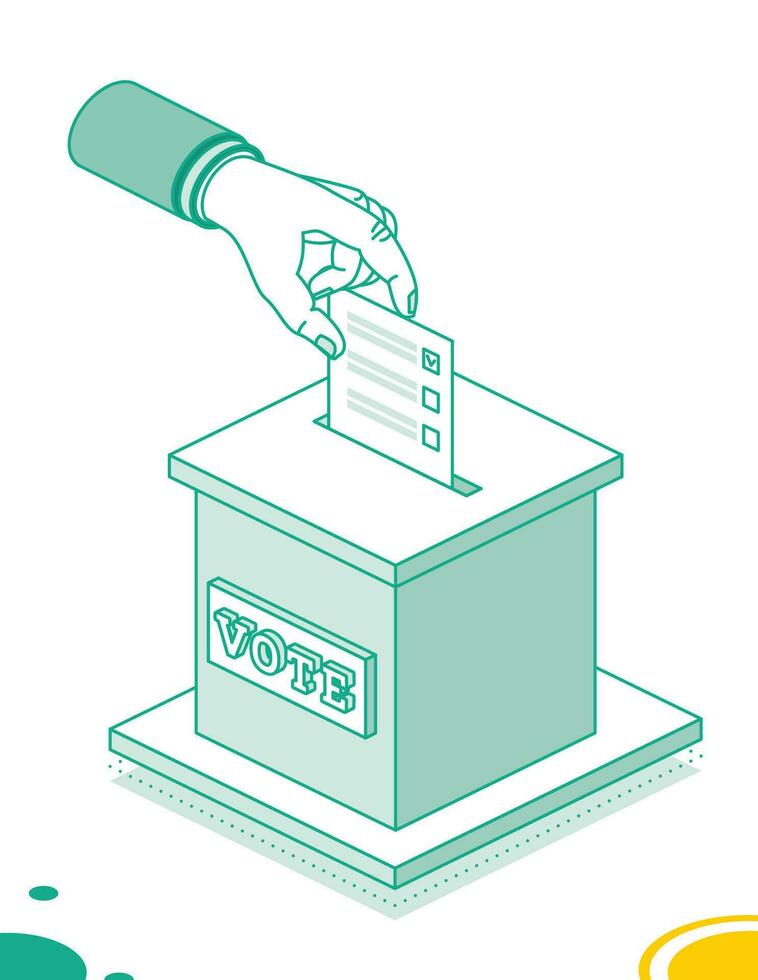 Voting concept. Hand puts vote bulletin into vote box. Isometric election concept with ballot box isolated on white background. vector