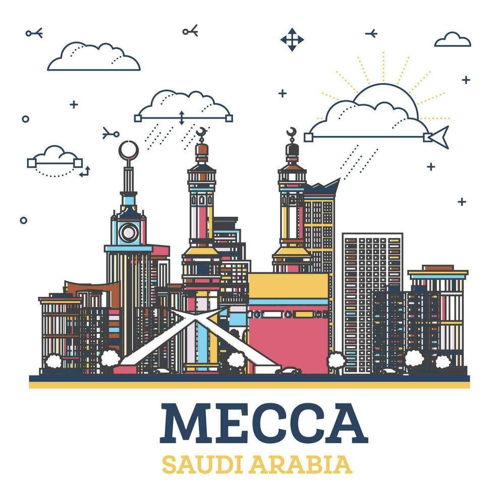 Outline Mecca Saudi Arabia city skyline with colored modern and historic buildings isolated on white. Mecca cityscape with landmarks. vector