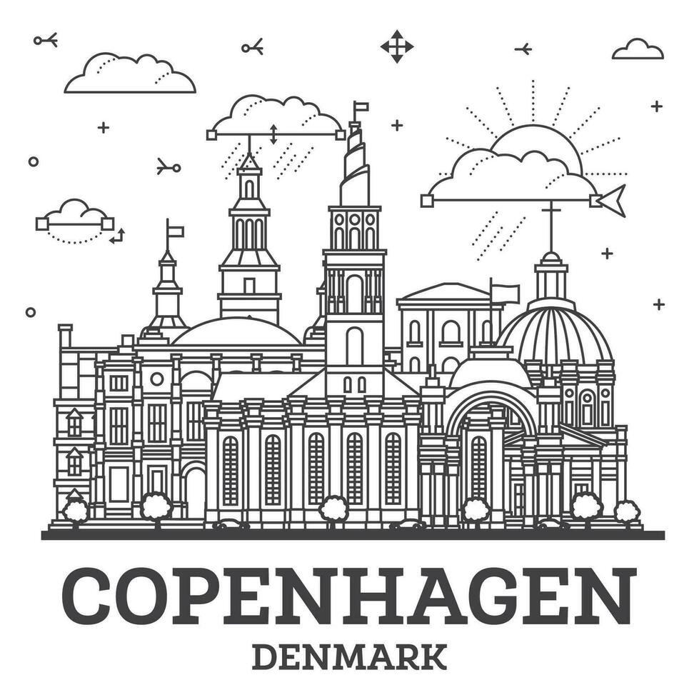 Outline Copenhagen Denmark City Skyline with Modern and Historic Buildings Isolated on White. Copenhagen Cityscape with Landmarks. vector
