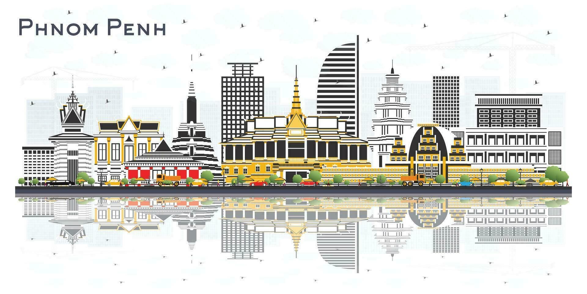 Phnom Penh Cambodia City Skyline with Color Buildings and reflections Isolated on White. Tourism Concept with Historic Architecture. Phnom Penh Cityscape with Landmarks. vector