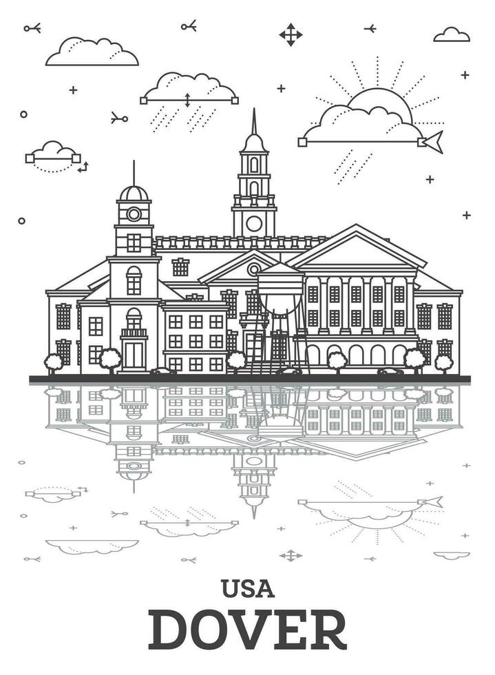 Outline Dover Delaware City Skyline with Historic Buildings and reflections Isolated on White. Dover USA Cityscape with Landmarks. vector