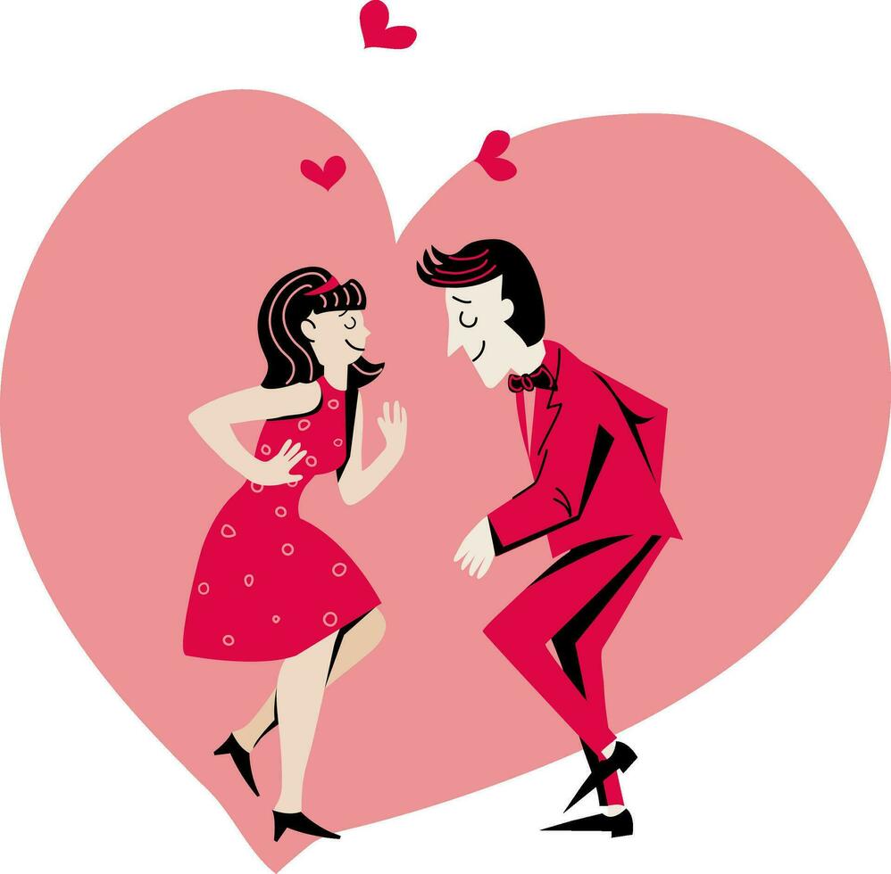 un Pareja en amor bailando a un fiesta. retro estilo. minimalismo modelo para Felicidades, invitación, bandera, póster. vector