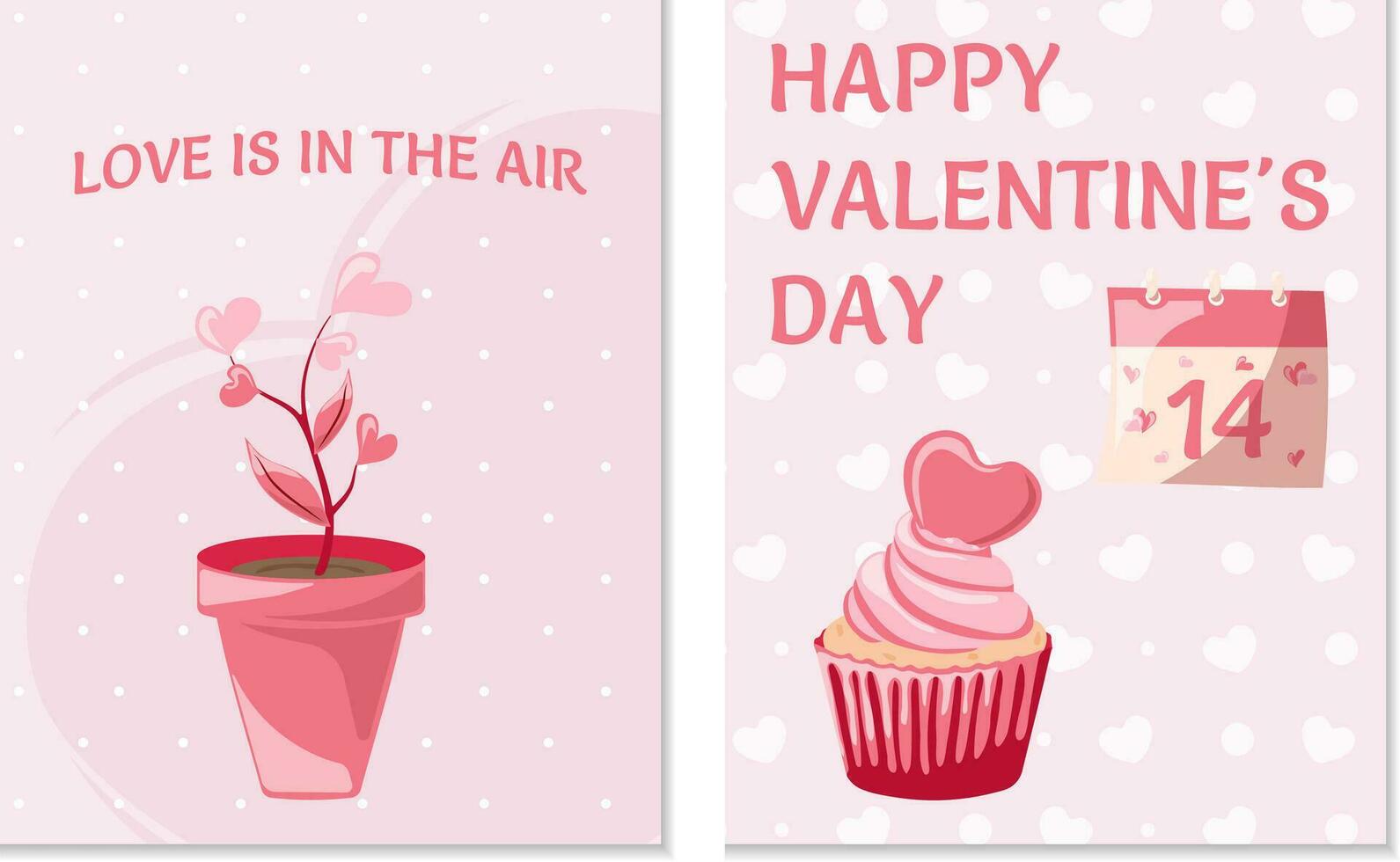 Set of postcards. Vector illustration in cartoon style in pink shades. Trendy modern illustration for Valentine's Day, hand drawn, flat design.