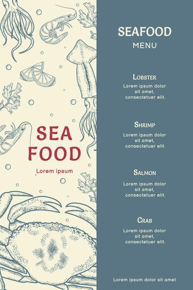 Seafood. Menu. Menu template for seafood restaurant. Retro style. Vector illustration