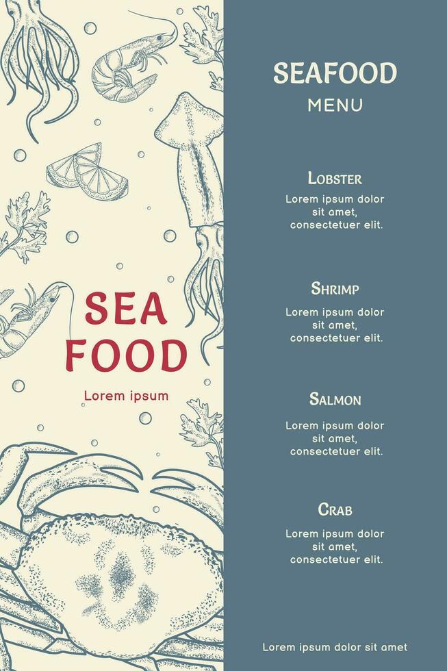 Seafood. Menu. Menu template for seafood restaurant. Retro style. Vector illustration