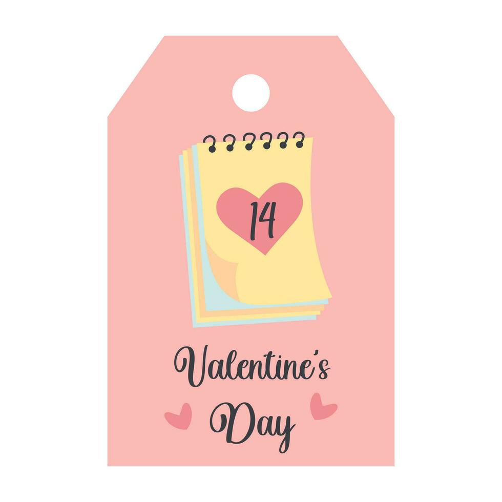 Valentines Day tag with 14 february date calendar. Valentines Day lettering. Holiday gift label template. vector