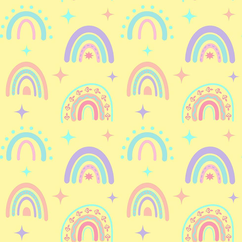 Seamless pattern with boho rainbows and stars. Celestial childish print on pastel yellow background. vector