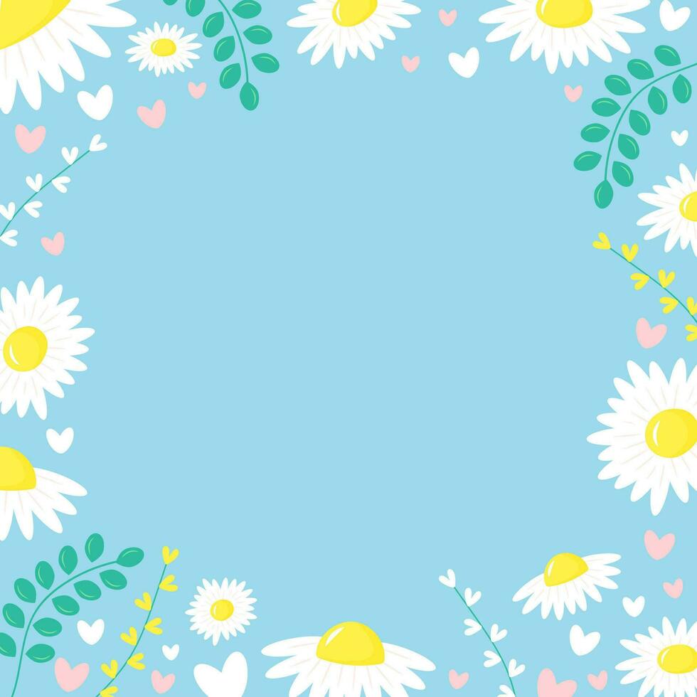 Pastel blue background with daisies, twigs and hearts. Elegant floral card with copy space. Flat lay. vector