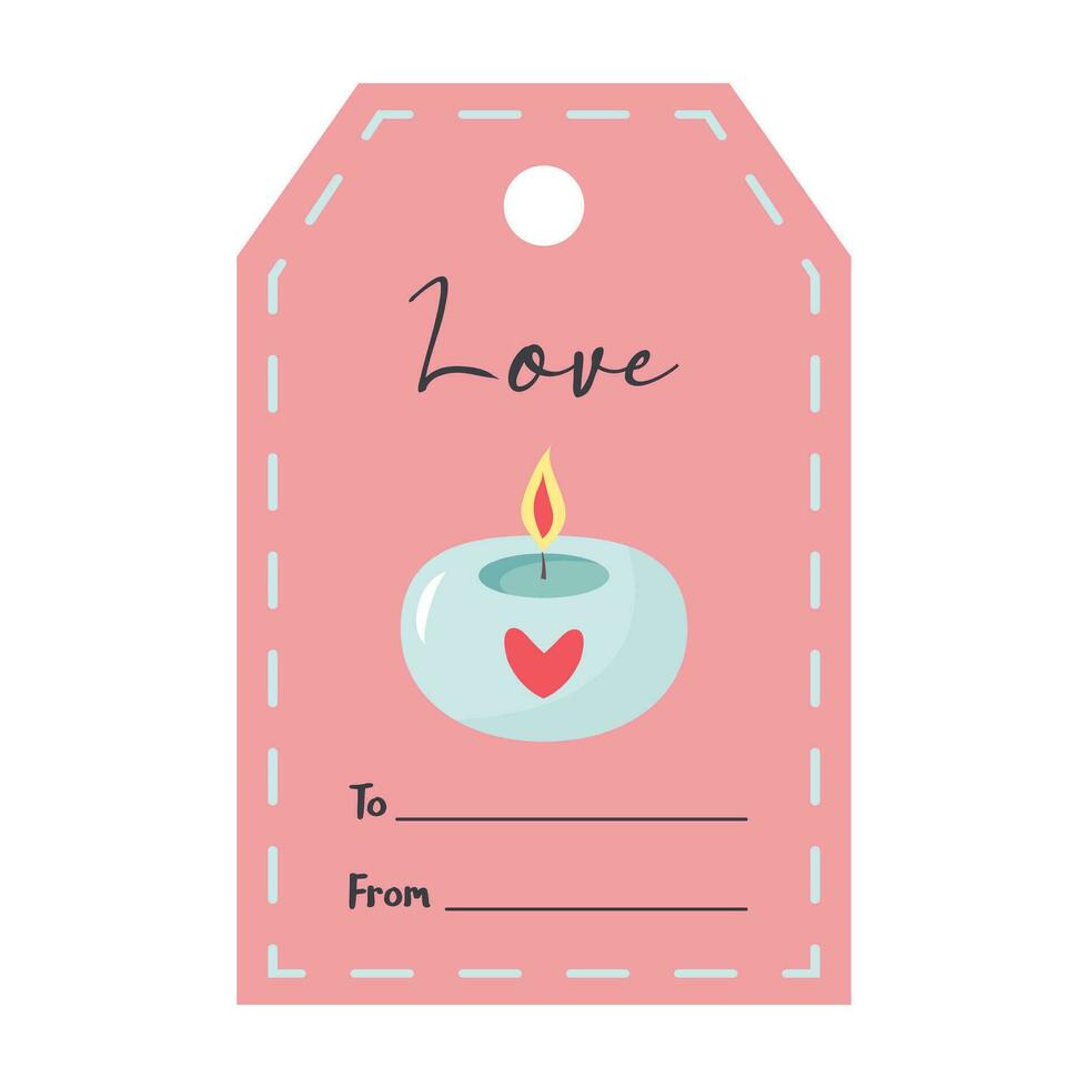 Valentines Day tag with candle. Love lettering. Holiday gift label template. vector