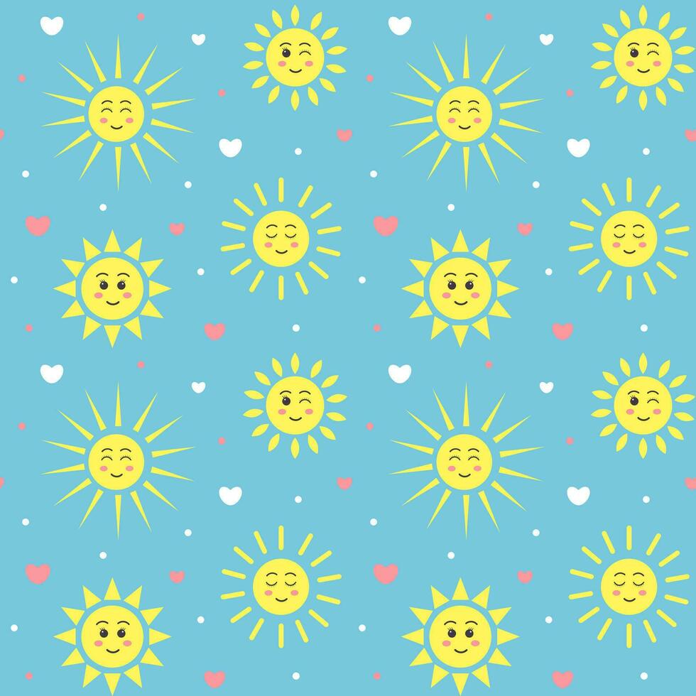Seamless pattern with kawaii suns and hearts. Celestial childish print on pastel blue background. vector