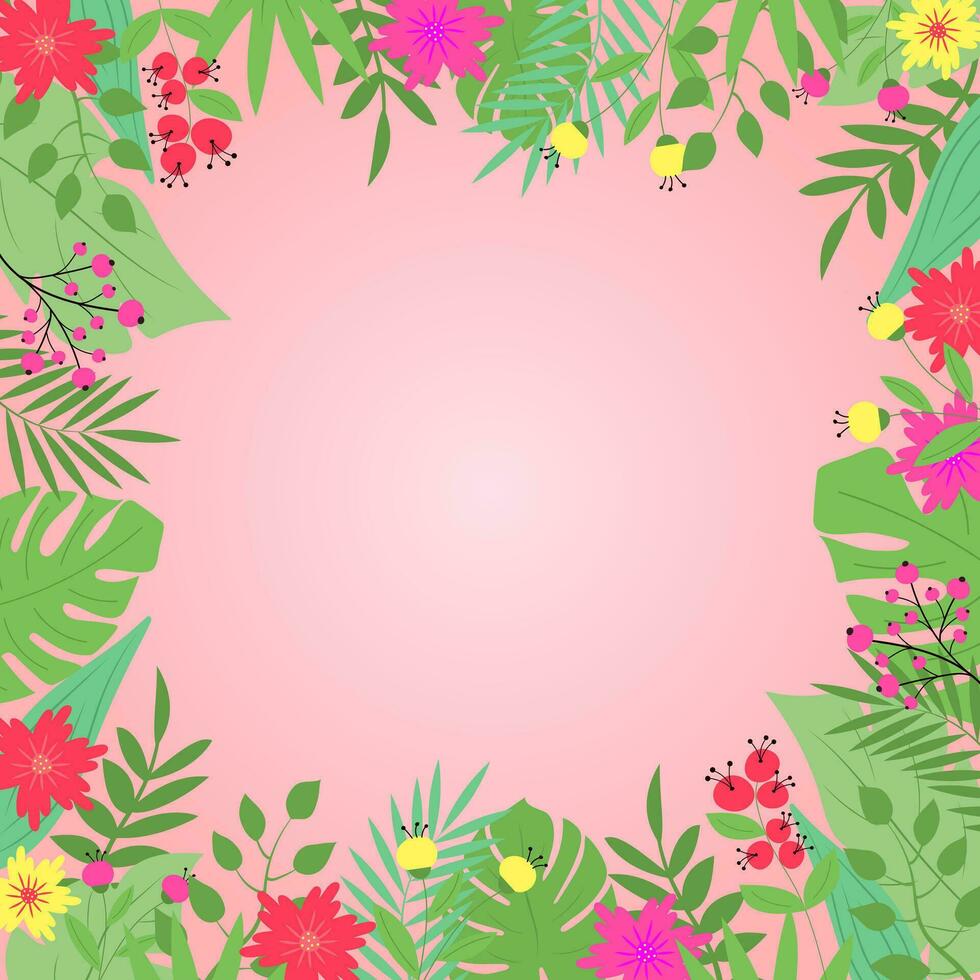 Summer tropical background with flowers and leaves, plants and berries. Trendy abstract square art floral template. Copy space. Hand drawn colorful vector illustration.