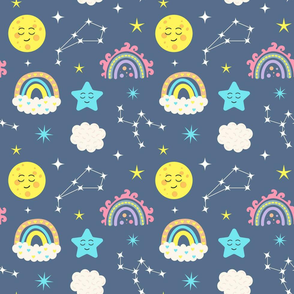 Seamless pattern with constellations, boho rainbows, clouds, kawaii moon and stars. Celestial childish print on dark blue background. vector