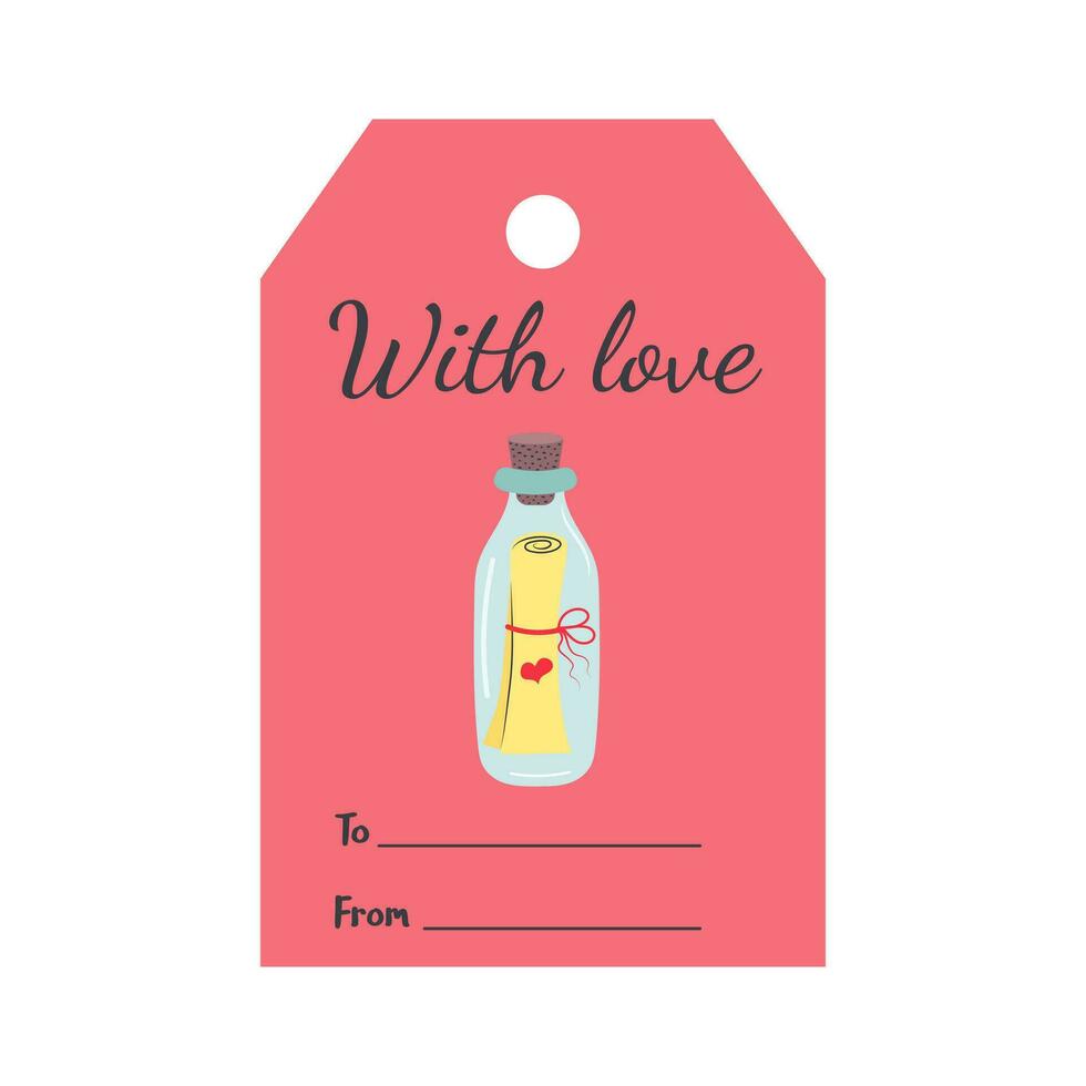 san valentin día etiqueta con botella de amor carta. con amor letras. fiesta regalo etiqueta modelo. vector