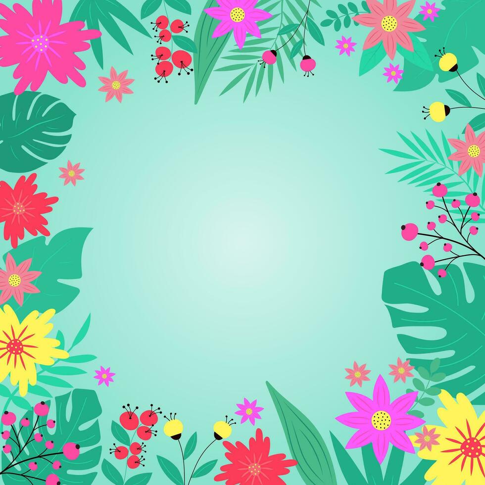 Summer tropical background with flowers and leaves, plants and berries. Trendy abstract square art floral template. Copy space. Hand drawn colorful vector illustration.