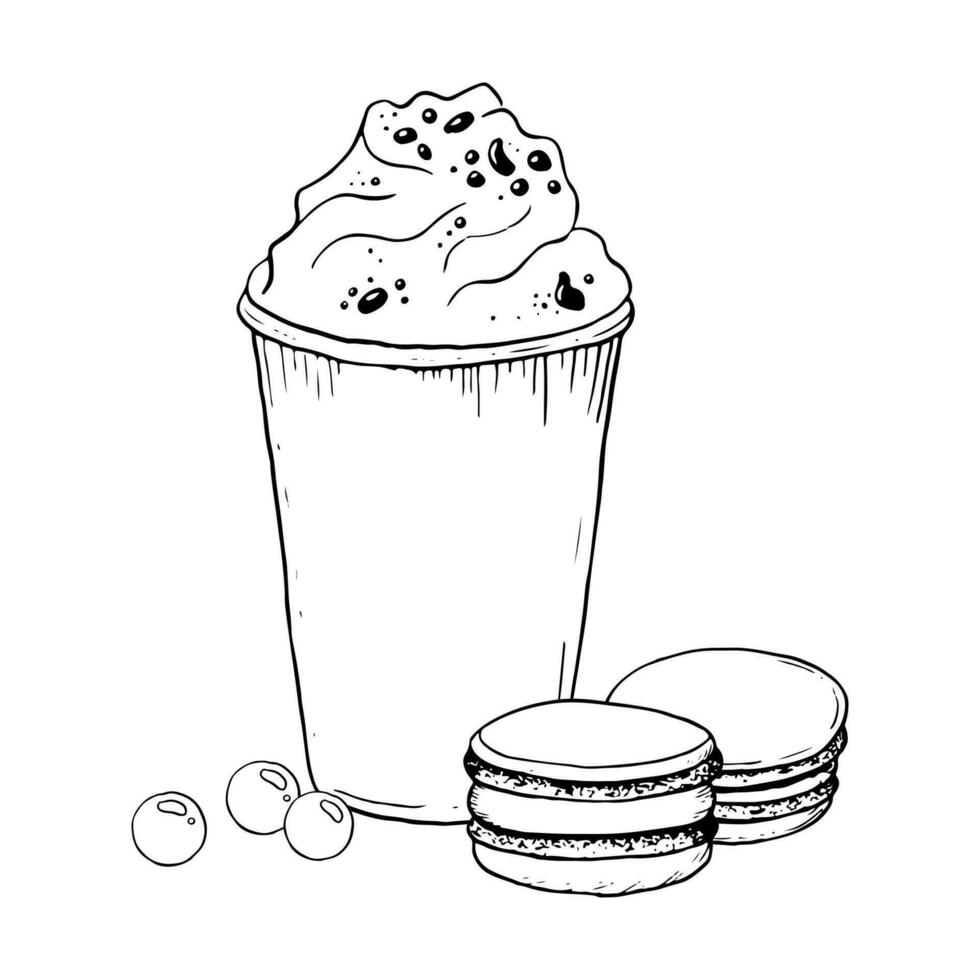 Milkshake with whipped cream, macaroons cookies and round candies vector black and white illustration. Cold summer drink in plastic cup with delicious dessert