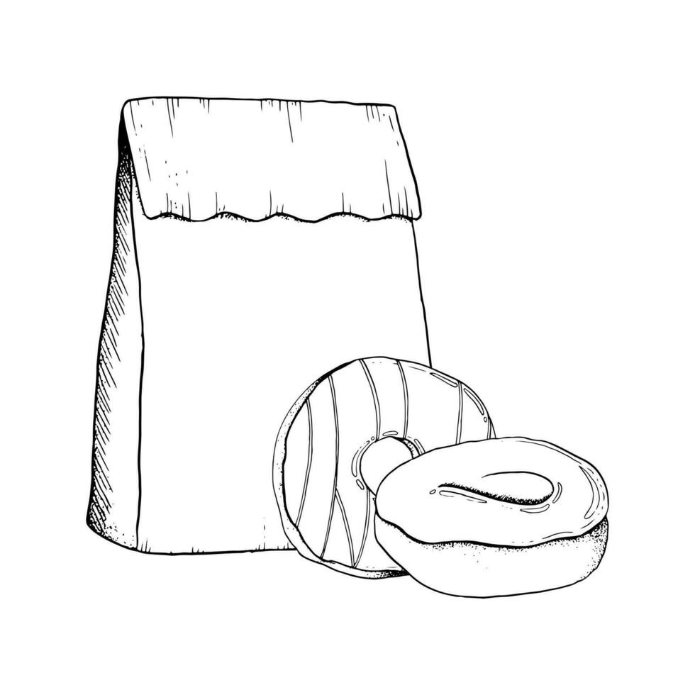 rosquillas con vidriar y para llevar papel bolso negro y blanco gráfico negro y blanco ilustración. delicioso redondo rosquillas para tomar afuera, cafetería, panaderías y Pastelería desayuno diseños vector